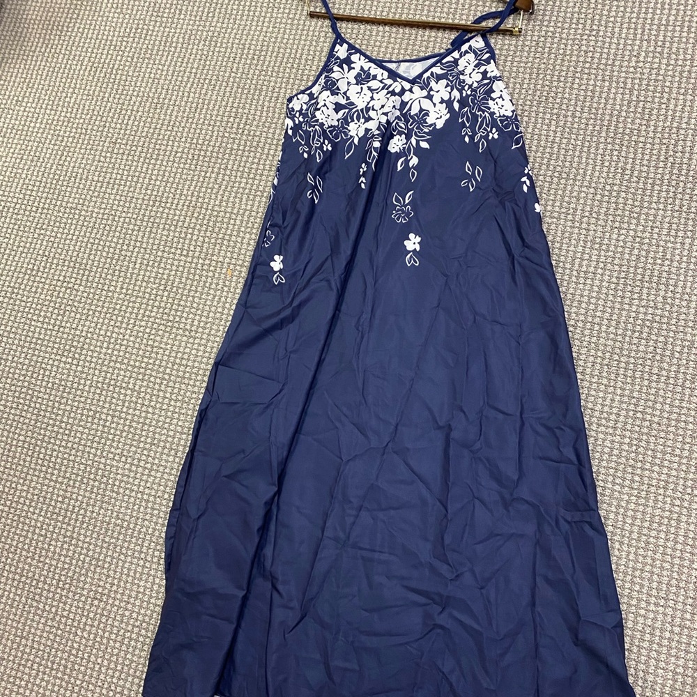 NWOT Navy Blue Maxi Slip Dress with White Floral Embroidery